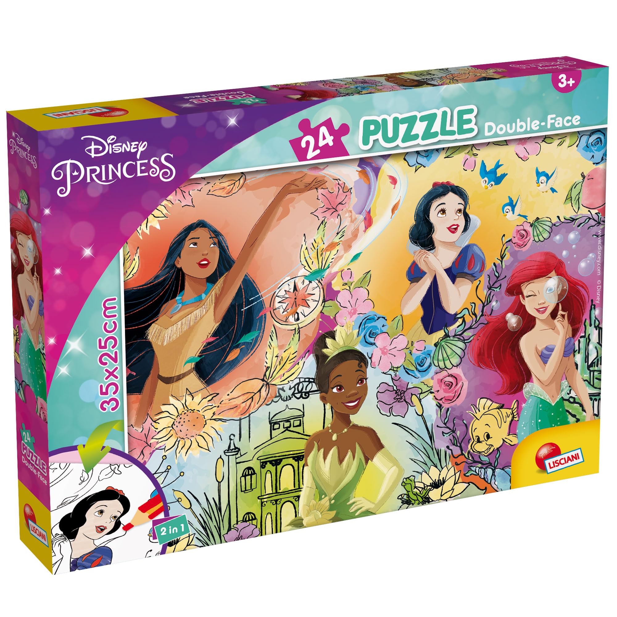 Lisciani - DISNEY PRINZESSINNEN Puzzle - 24 Teile - Für Kinder ab 3 Jahren - Puzzle mit doppelseitigem Malen mit Disney-Prinzessinnen wie Pocahontas, Schneewittchen, Ariel und Tiana