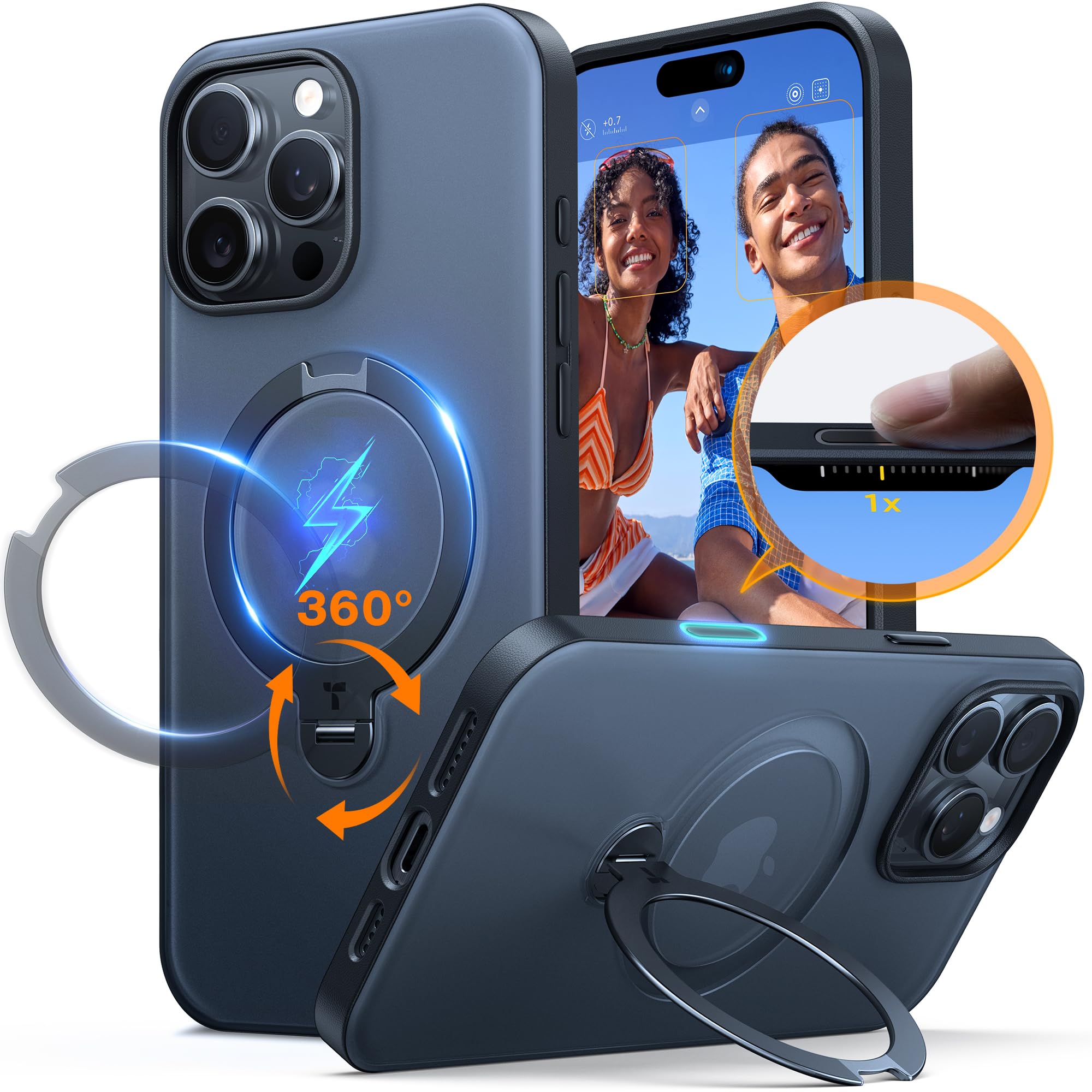 Photo 1 of TORRAS Upgraded 360 Spin Magnetic Stand for iPhone 16 Pro Case, Fit for MagSafe, Built-in Kickstand & Ring Holder, Mil-Grade Protective Soft Edge Translucent Case for iPhone 16 Pro, Black 6.3''