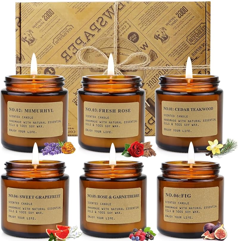 YINUO LIGHT 6 Pack Candles Gifts Set Amber Fig Rose Mint 7.7 oz Each