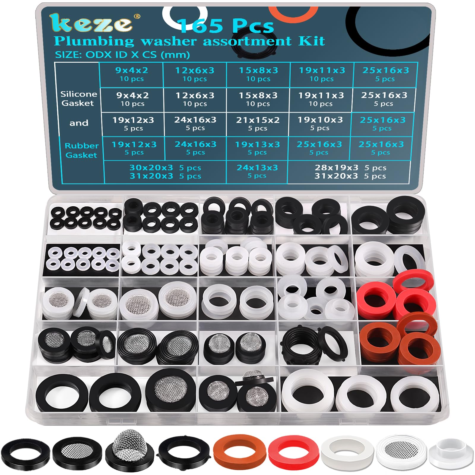 Photo 1 of KEZE 24 Sizes Plumbing Washers Assorted Kit 165 PCS Garden Hose Washer Rubber Self Locking Tabs & Shower Head Silicone Gasket Seals,Water Hose Washers with Screen Filter for Repair Connection