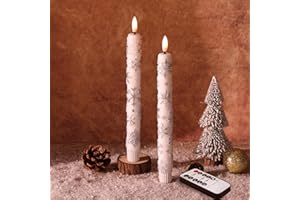 Eywamage Snowflakes Christmas Flameless Taper Candles with Remote, Flickering LED Wax Candlesticks Set of 2