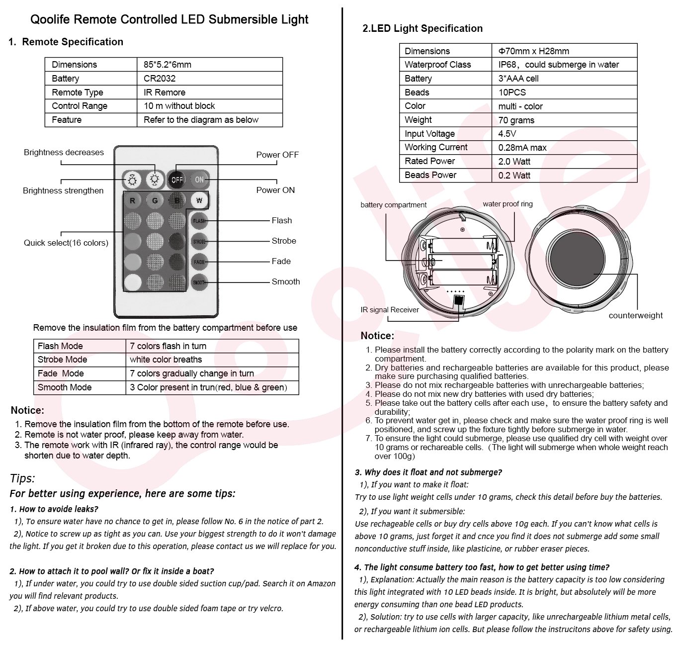 Qoolife Submersible Led Lights Remote Controlled, Battery Powered, RGB Changing Waterproof Light for Event Party and Home Decoration, Multi Color, Set of 2