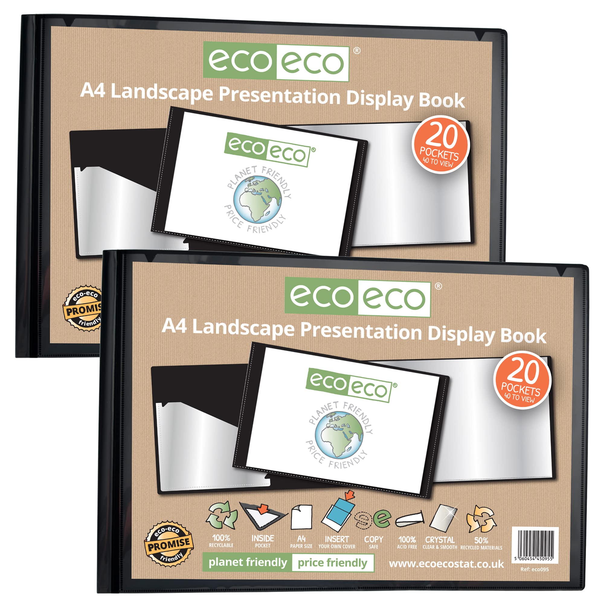 eco-eco A4 50% Recycled 20 Pocket Black Landscape Presentation Display Book, Storage Case Portfolio Art Folder with Plastic Sleeves, (Pack of 2), eco095x2