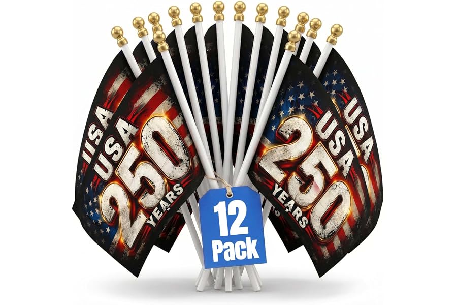 America 250 Anniversary Grunge Hand Flags 5x8 Inch (12 Pack) – Distressed Patriotic Mini Stick Flags 1776 2026 29cm Plastic Poles Gold Tips For America 250th Anniversary Table Desk Parade Decor