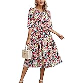 Kormei Women Casual Boho Floral Round Neck 3/4 Sleeve Smocked Waist Tiered A Line Flowy Swing Midi Dress Long Dresses