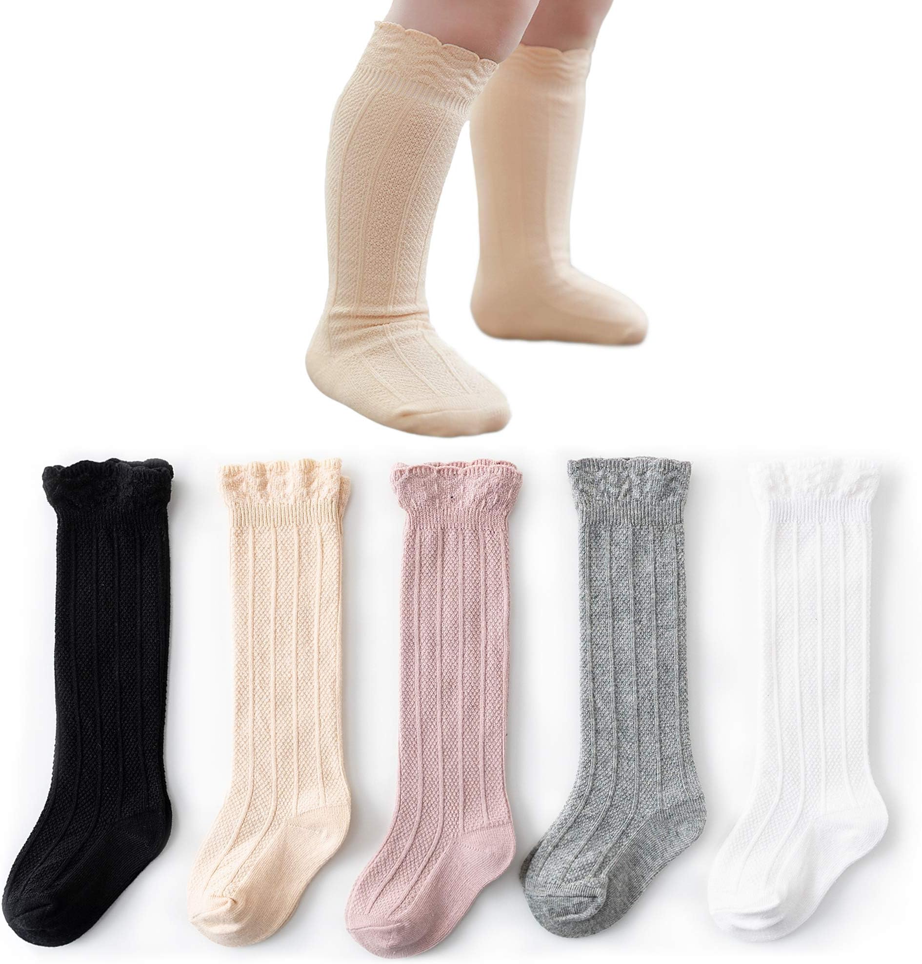 CozyWay Knee High Socks Newborn Infants Toddlers Girls 5 Pack Tube Ruffled Uniform Long Stockings