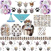 193Pcs Cat Birthday Party Decorations Set - 20 Plates, 20 Napkins, 18 Balloons, 106 Tattoos, 24 Cake Toppers, 1 L Topper, 1 Banners, 1 Tablecloth, 1 Scarf, 1 Hat for Cat Party Supplies