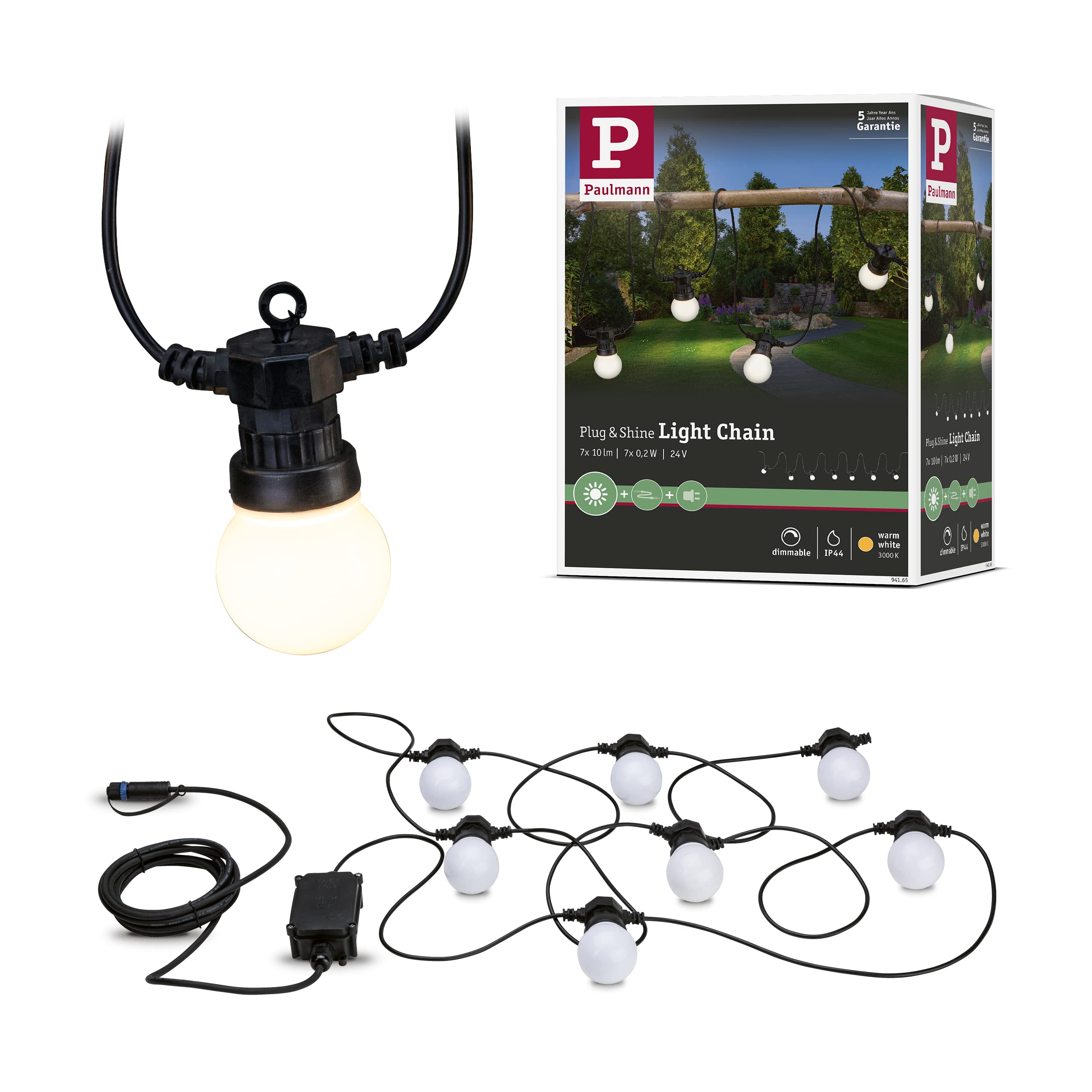 Paulmann 94165 Outdoor Plug & Shine Light Chain IP 3000K 7x5lm 24V, White