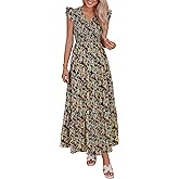 PRETTYGARDEN Women's Boho Floral Maxi Dress 2026 Summer Smocked V Neck Ruffle Sleeve Spring Flowy Beach Vacation Sundresses