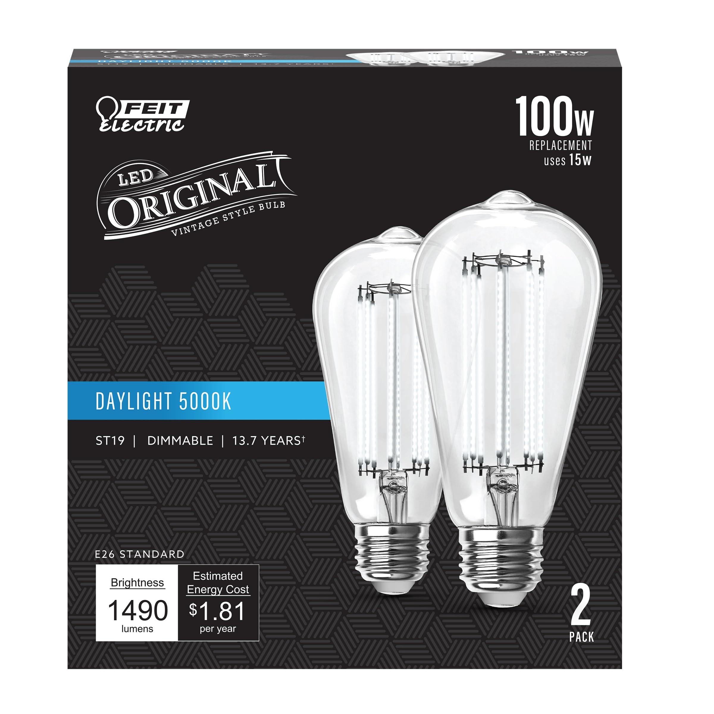 Photo 1 of Feit Electric ST19 Vintage Edison LED Light Bulb, 100W Equivalent, Dimmable, 5000K Daylight, 1490 Lumens, E26 Base, Retro Filament Light Bulbs, 15,000-Hour Lifetime, ST19100CL/950CA/2, 2 Pack