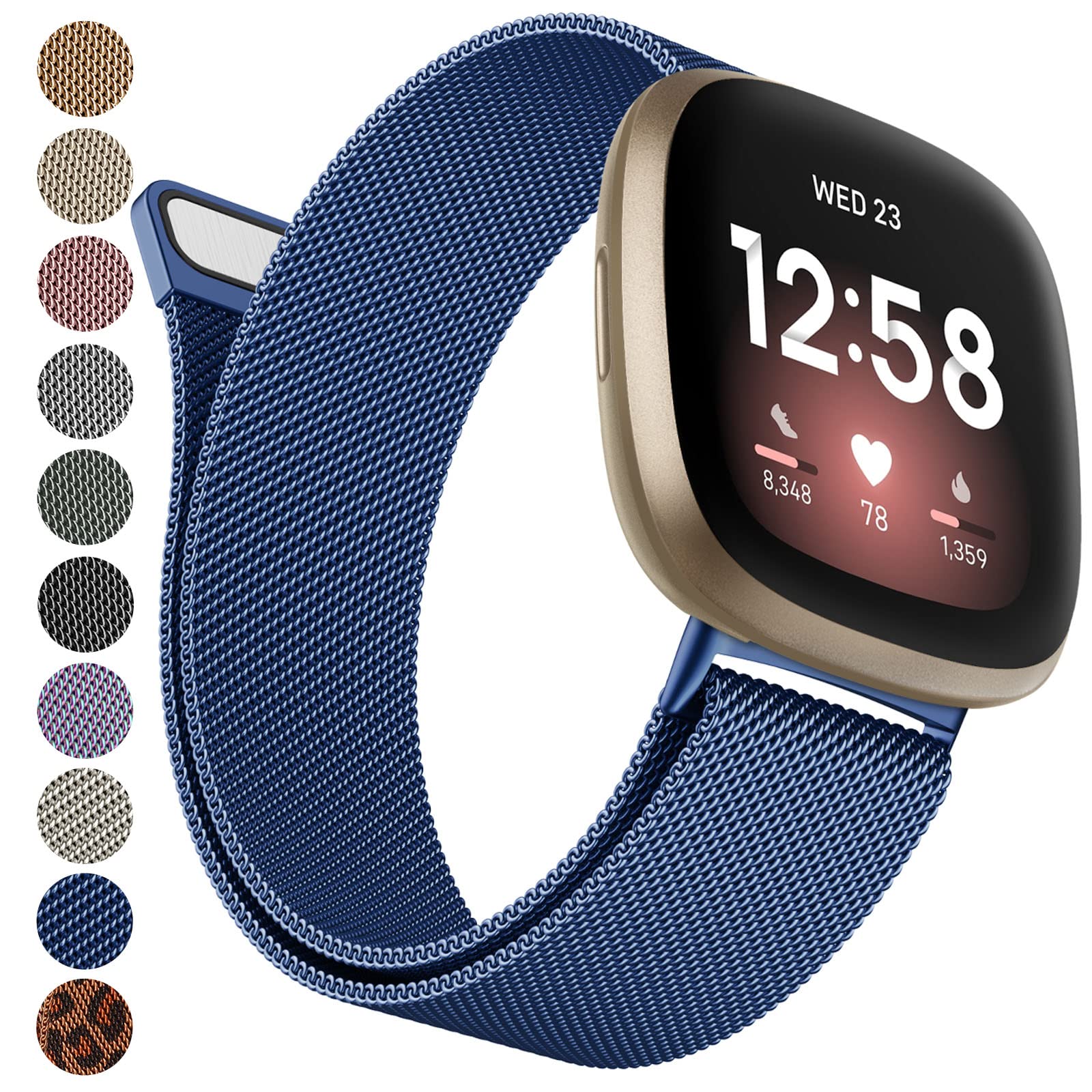 Vancle Strap compatible with Fitbit Versa 3 Straps/Versa 4 Strap/Fitbit Sense/Sense 2 for Women, Breathable Stainless Steel Mesh Loop Adjustable Wristband Replacement Metal (Dark Blue,Large)