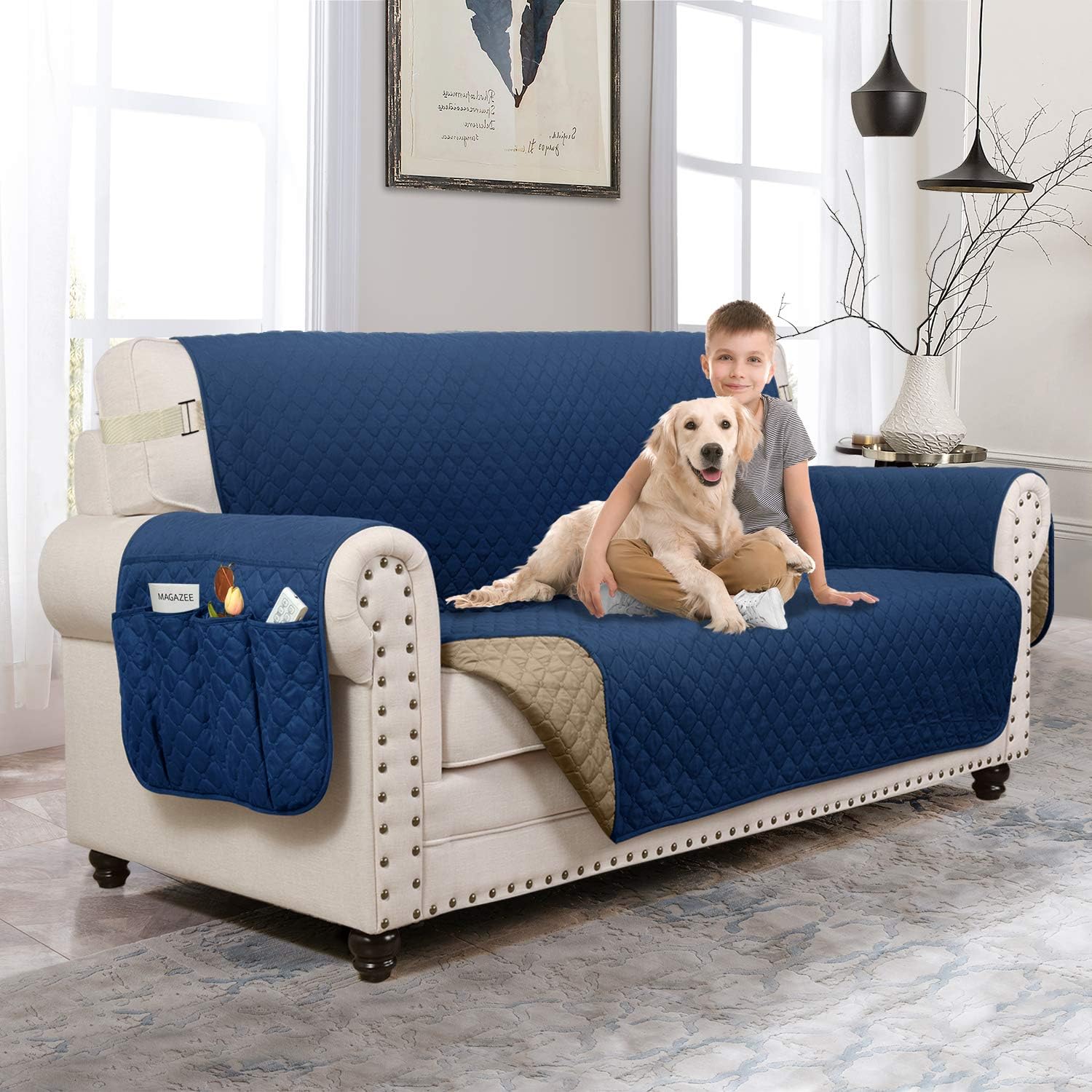 MOYMO Reversible Loveseat Cover,Loveseat Slipover with Strap,Loveseat Protector with Pockets,Machine Washable Loveseat Covers for Livingroom,Children,Pets,Kid(Loveseat:Navy Blue/Brown)