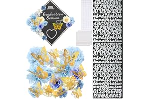 CIEOVO Graduation Cap Decorations Kits, Faux Flower Heads 3D Butterfly Stickers Self Adhesive Rhinestones Glitter Alphabet Letter Stickers and Double Sided Tape for Grad Cap Topper DIY Craft Art Decorations