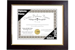 Creative Picture Frames 12x15 Mahogany Diploma Frame with Gold Rim Including White Mat Glass and Installed Wall Hangers | Frame Holds 16x20 Media without Mat