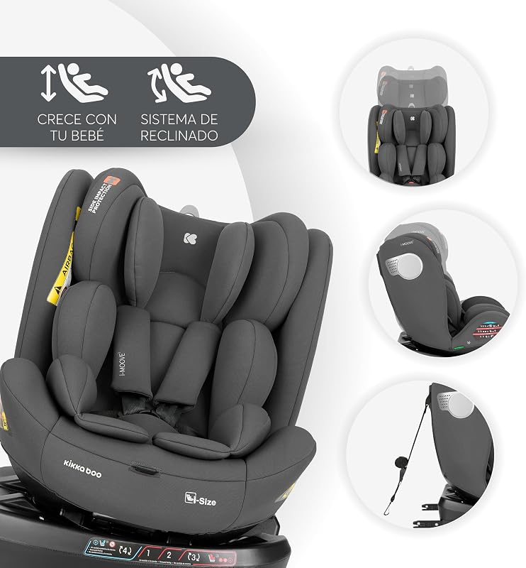 Cadeira de Bebé KikkaBoo Grupo 0 1 2 3 i-MOOVE 2, tamanho i 40–150 cm com ISOFIX, giro 360°, reclinável, apoio de cabeça ajustável, preto
