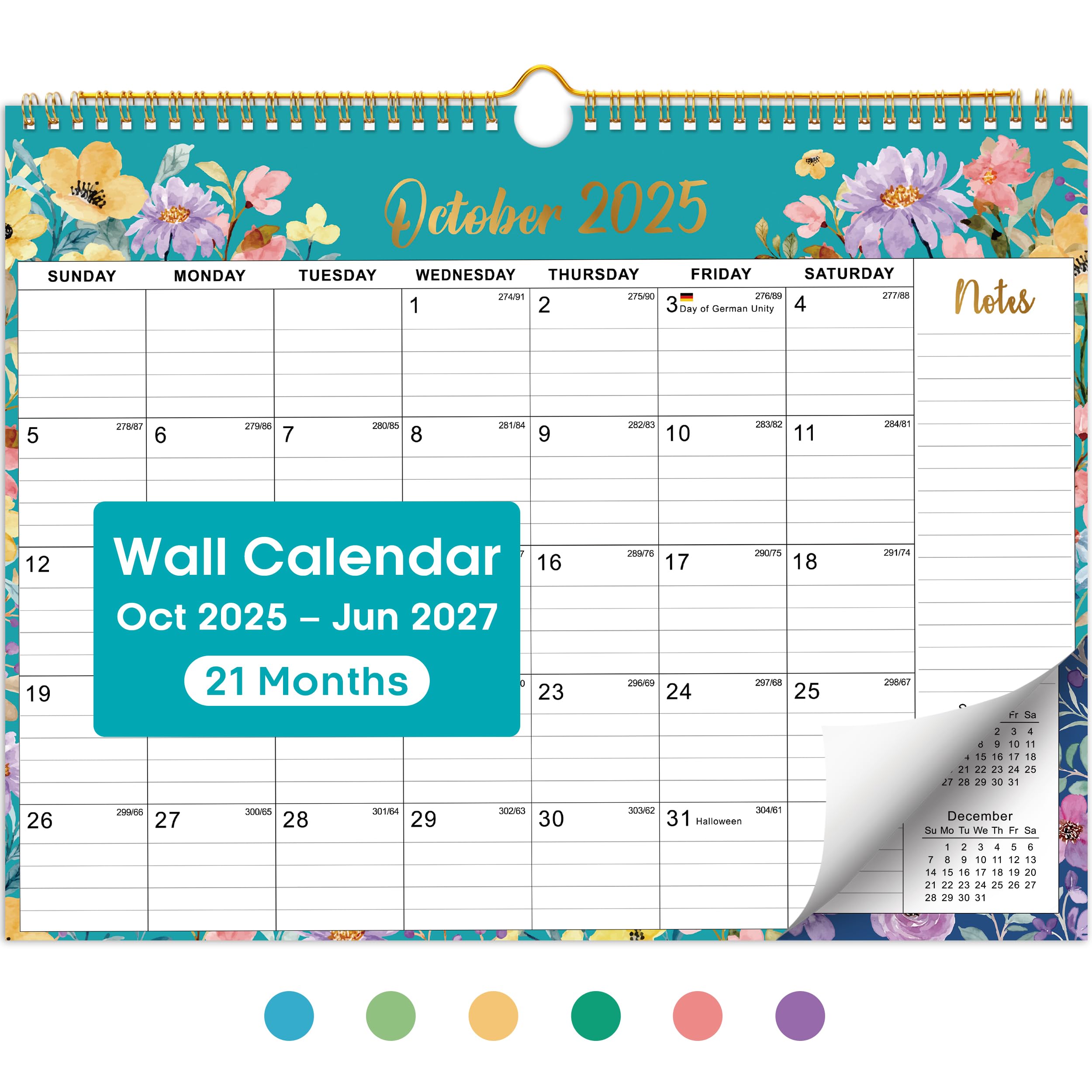 Photo 1 of 2026 Calendar, Monthly Wall Calendar from October 2025 to June 2027, 11.5" x 14.7", Spiral Binding Hanging Wall Calendar, Perfect for Home or Office,Floral