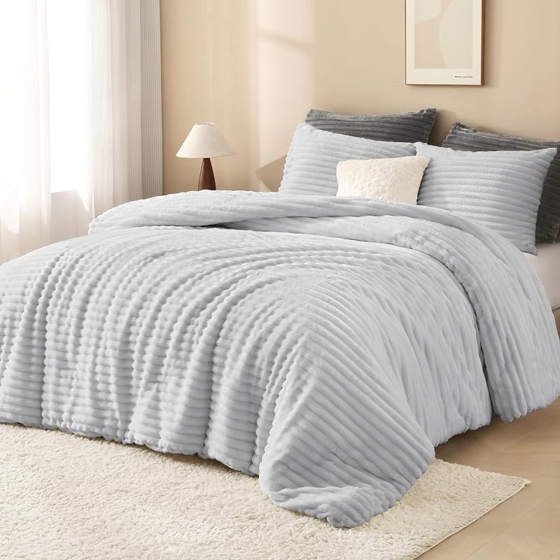 Set di biancheria da letto per letto queen size, soffice e super morbido, grigio chiaro, per letto queen size, in caldo pile invernale, set di biancheria da letto in pelliccia sintetica, 3 — foto 2 di 7