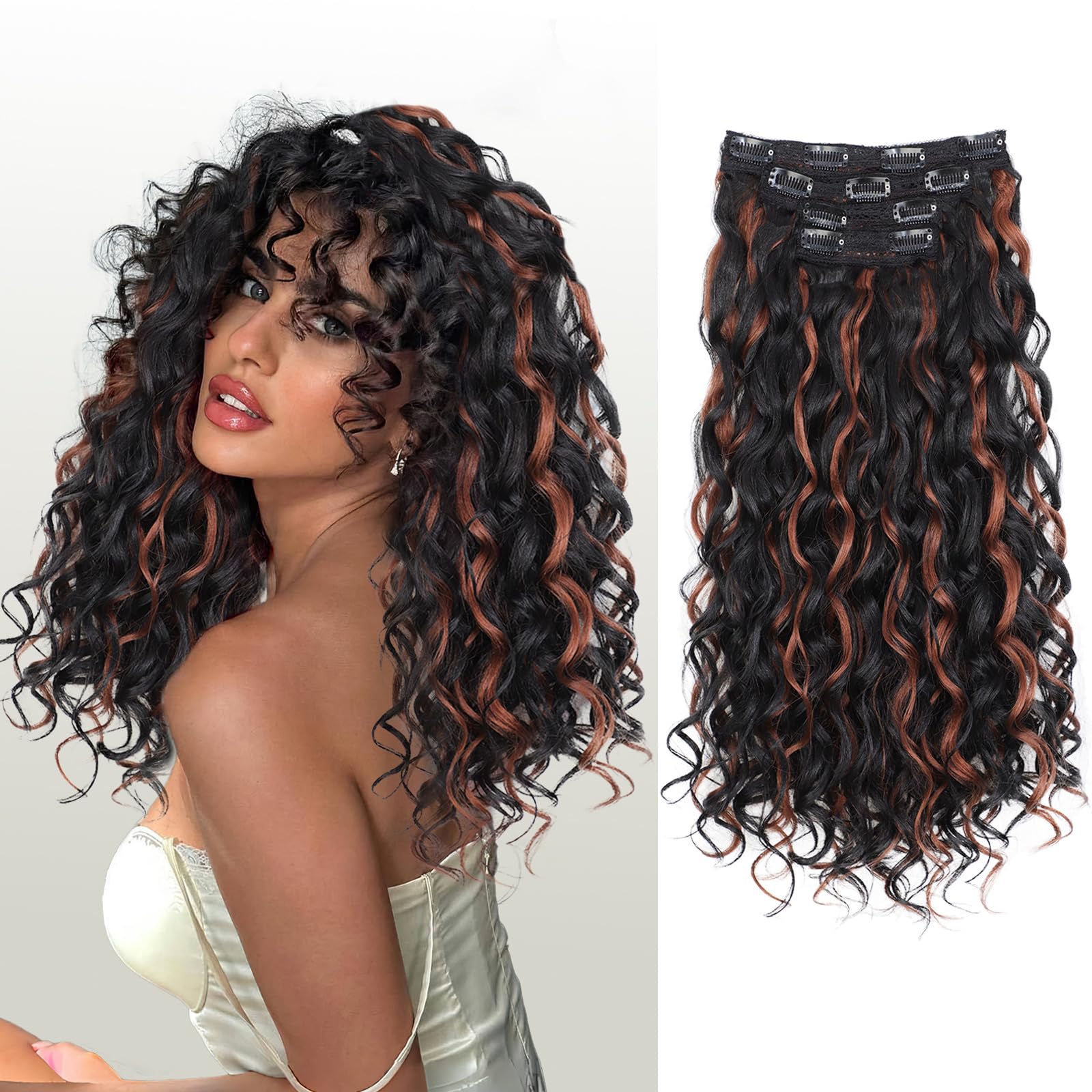 Photo 1 of 18 Inch Curly Clip in Hair Extensions,QGZ 4PCS Synthetic Hair Blend Seamless Extensions for Women,Soft Natural Lace Weft Wave Extensions for Daily & Party (Black with Medium Auburn Highlights)