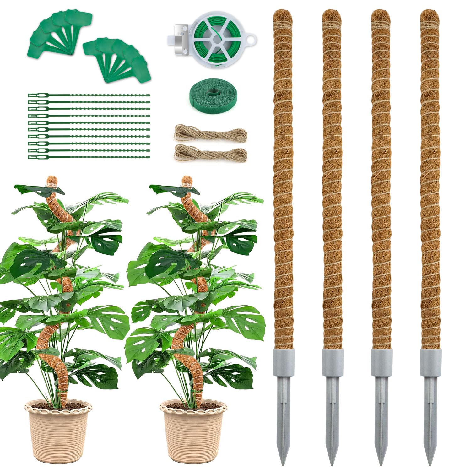 Homvvi Moss Poles 28 Inch (Set of 4), Coco Coir Poles for Monstera - Indoor Plants Support, Bendable Coir Totem Poles for House Plants Climbing, with Gardening Accessories (Plant Ties etc)