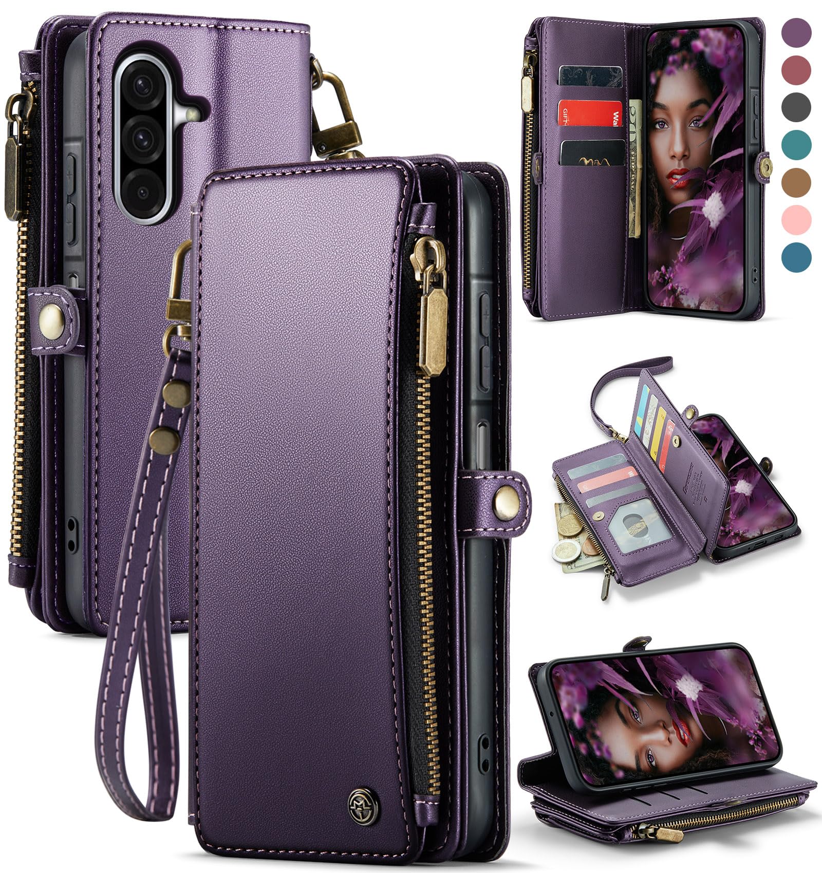 Defencase for Samsung Galaxy A17 5G Case Wallet with RFID Blocking Card Holder for Women and Men, PU Leather Magnetic Snap Flip Zipper Strap Wallet Phone Case for Galaxy A17 5G 6.7", Purple