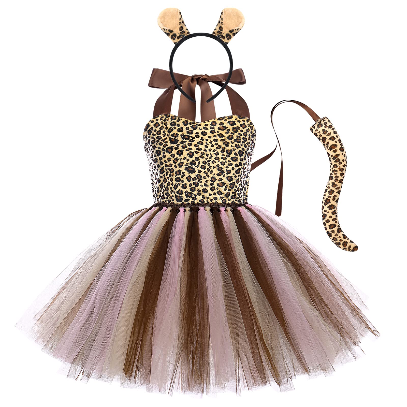 IMEKIS Kid Baby Girls Animal Cosplay Costume Princess Fancy Dress Up Cow Tiger Leopard Giraffe Tulle Dress with Headband Tail 3PCS Halloween Christmas Carnival Outfit Brown-Leopard 7-8 Years — image 1