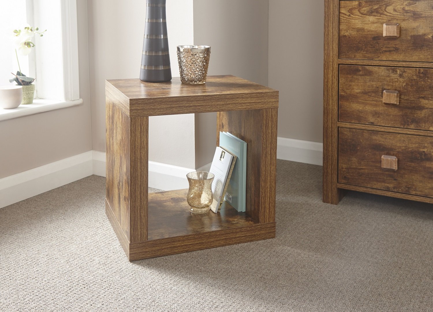 Home Source Particle Board Study Walnut Effect Cube Square End Lamp Side Table, MDF/Chipboard, Mango, 44 x 44 x 35 cm