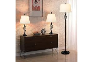 Depuley Lamp Sets of 3 for Living Room, Farmhouse 2 Tables and Floor Lamp Set, Modern Lamp Sets for Bedroom, Metal 3-Piece Lamp Set with White Linen Lampshade, Black Finish