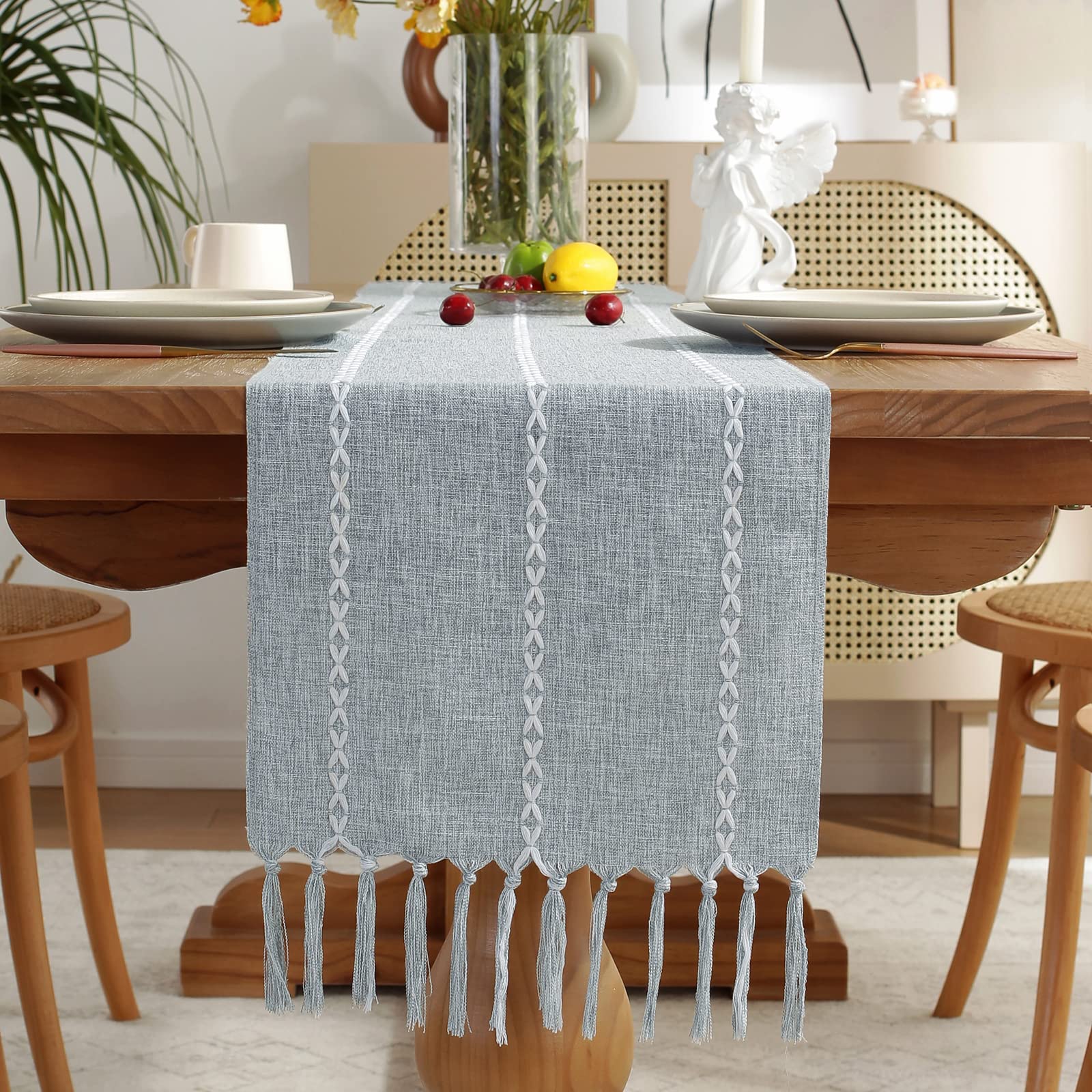 Wracra Cotton Linen Table Runner Farmhouse Style Dusty Blue Table Runner 90cm with Hand-tassels for Party, Dining Room Decorations Dessert Table Decor(Dusty Blue, 90cm) — image 1
