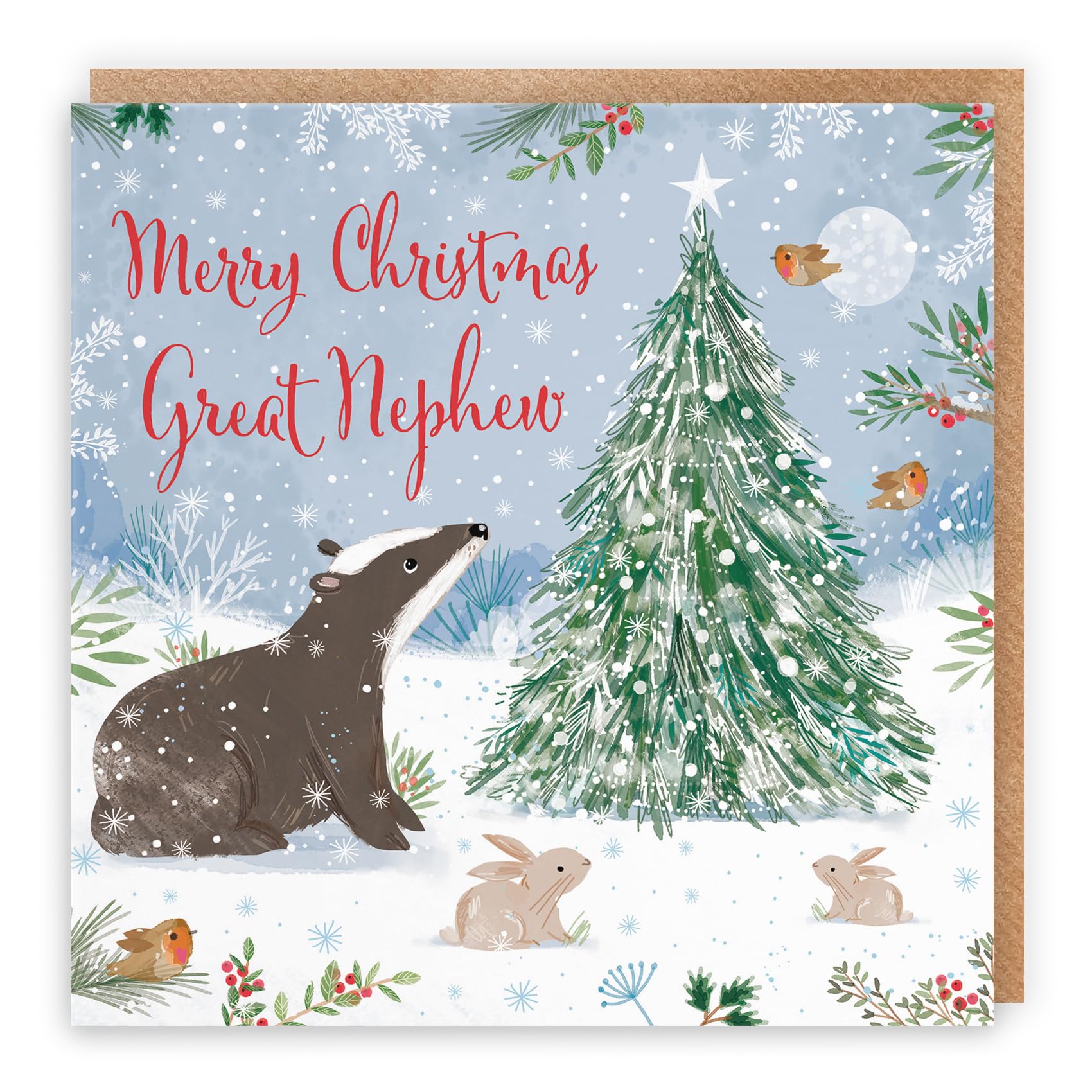 Hunts England - Badger Great Nephew Christmas Card - Nature's Treasures - Happy Animal Wildlife Cute Fun Merry Xmas Card - Snow, Robin, Rabbit - For Him, Boys