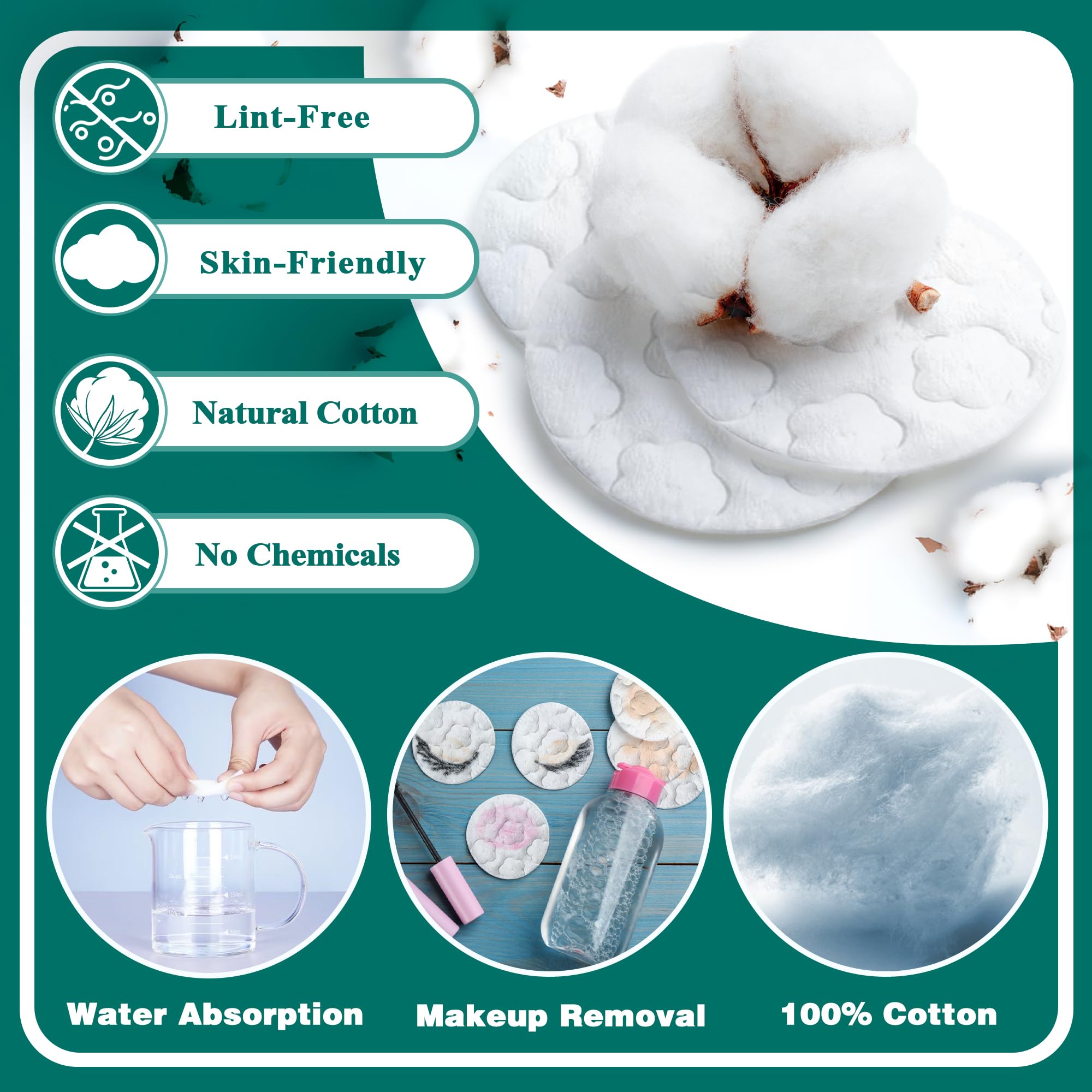 Premium Cotton Rounds for Face, 400 Count Makeup Remover Pads,100% Pure & Natural Facial Cleansing Round Pads for Makeup Removal, Nail Polish Remover (Green-4PCS)