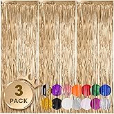 Voircoloria 3 Pack 3.3x8.2 Feet Champagne Foil Fringe Backdrop Curtains, Tinsel Streamers Birthday Party Decorations, Fringe Backdrop for Graduation, Baby Shower, Gender Reveal, Disco Party