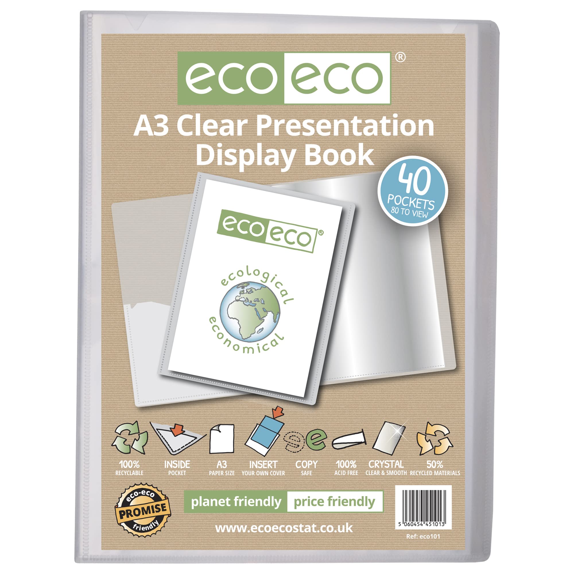 eco-eco A3 Size 50% Recycled 40 Pocket Clear Presentation Display Book, Storage Case Portfolio Art Folder with Plastic Sleeves, eco101