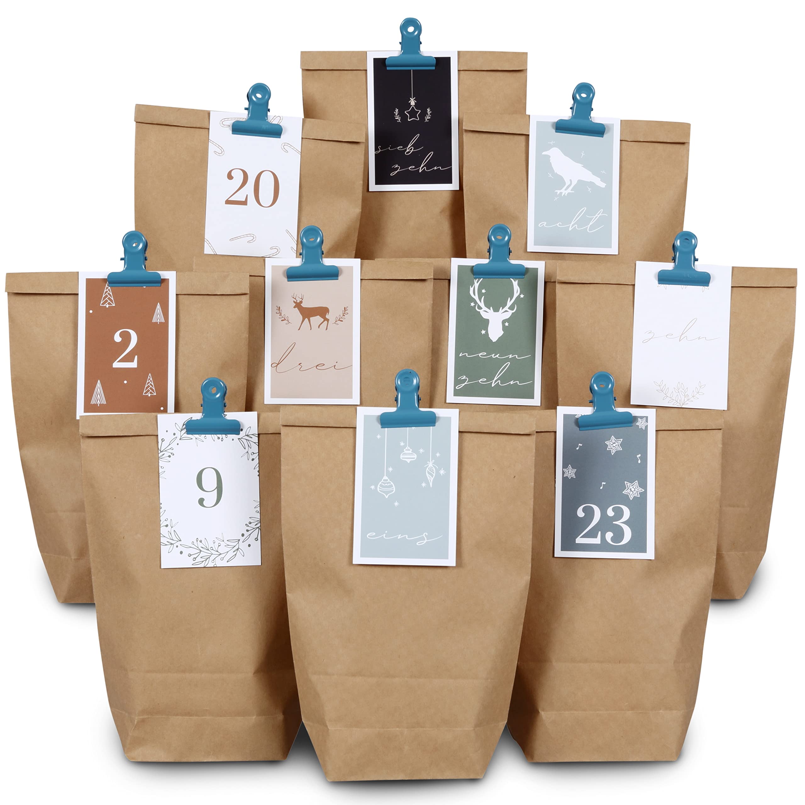 Papierdrachen Advent Calendar, DIY, for filling yourself, brown bags and clips, blue - green, set of 5