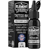 Element Tattoo Supply Nighthawk Black Tattoo Ink 1 oz | professional black ink for skin, smooth reliable flow, deep bold saturation, USA made, vegan formula, trusted by artists