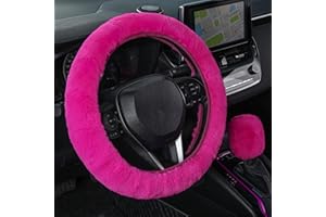 SEG Direct Furry Car Steering Wheel Cover with Gear Shift Cover, Soft and Warm, Cute Fluffy Auto Decor for Women Men, Standard Size, 2 PCS Set, Magenta