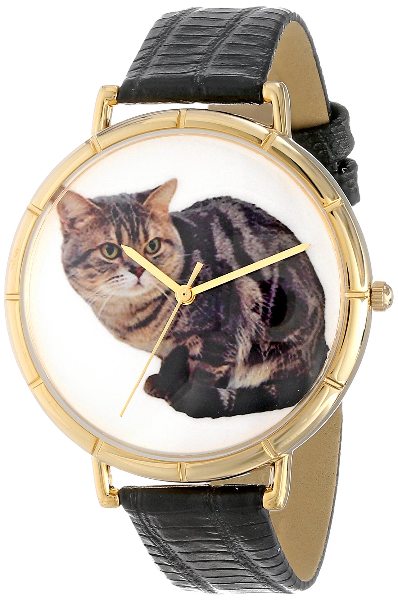 Whimsical Watches American Shorthair Cat Black Leather and Goldtone Photo Unisex Quartz Watch with White Dial Analogue Display and Multicolour Leather Strap N-0120035