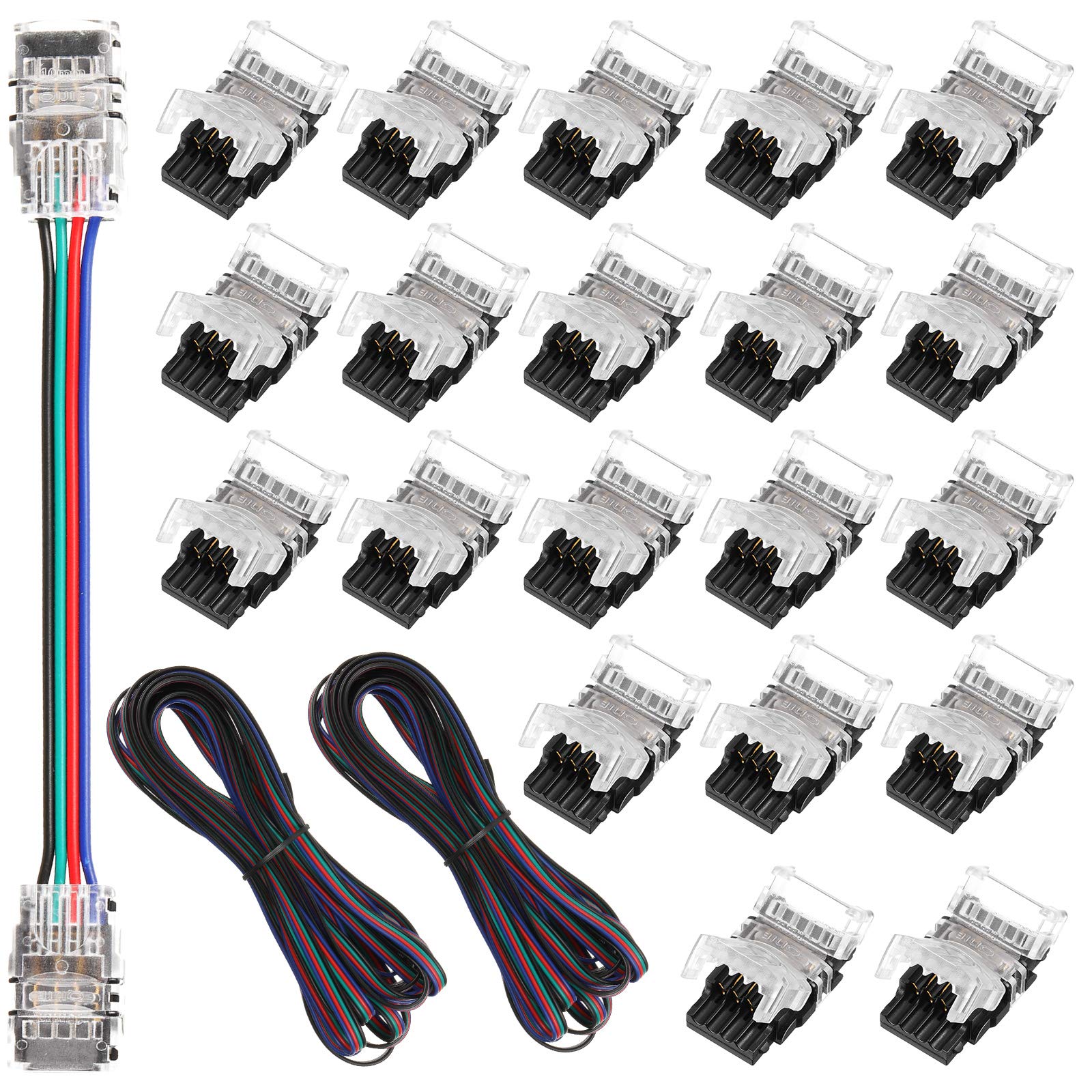 Photo 1 of 20 Pieces 4 Pin LED Light Strip Connectors Waterproof 10mm RGB 5050 LED Strip Lights Connector Strip to Wire Connector LED Strip Jumper Connector with 2 Pieces 16.4 Feet Extension Cables