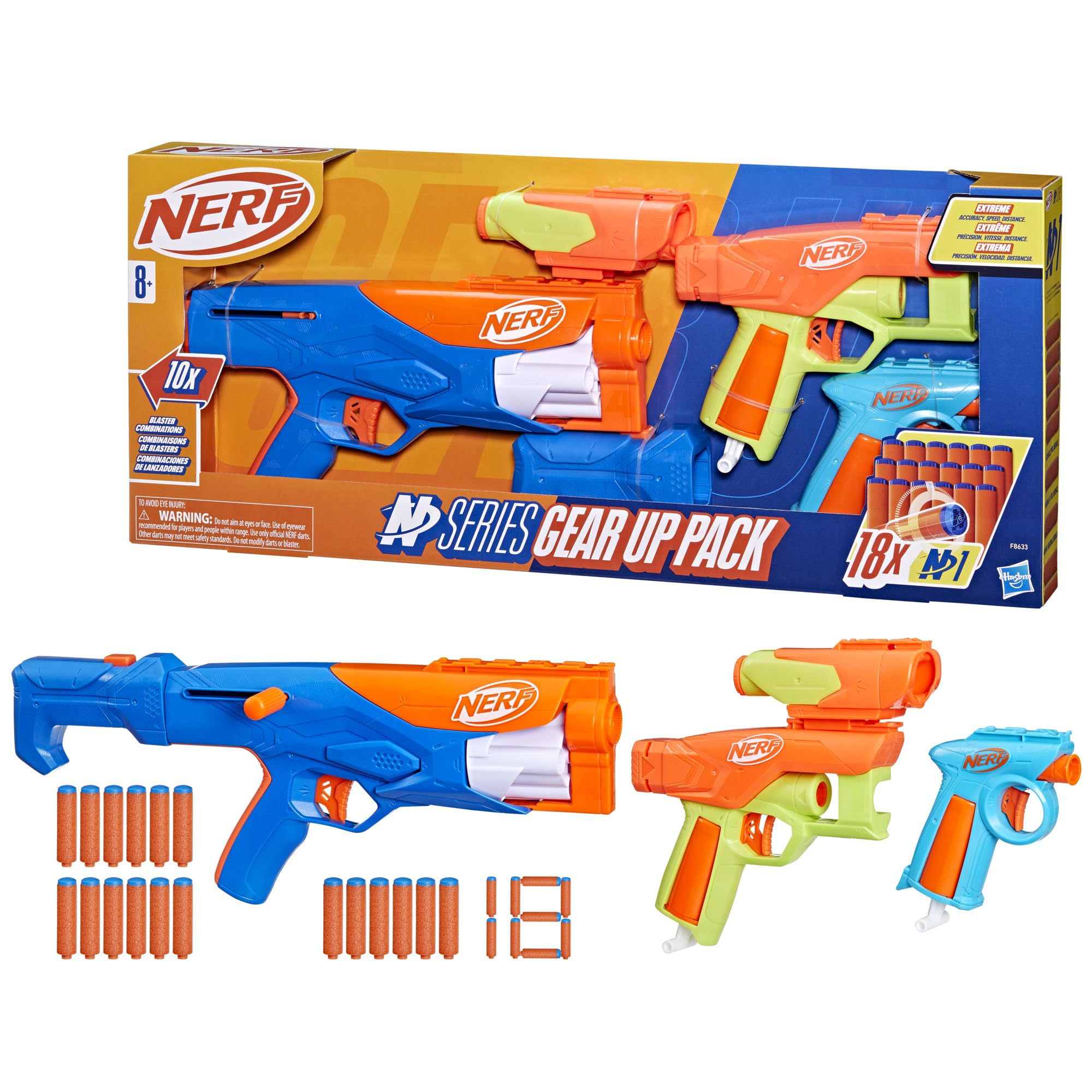 Nerf N Series Gear Up Pack, 3X Blasters, 18 Nerf N1 Darts, Kids Gifts, Outdoor Games, Ages 8+