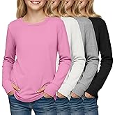 LessonZoo 4 Pack Girls' Cotton Shirts with Thumb Holes Long Sleeve Basic Crew Neck Tops Casual Lightweight Tees 5-14Y
