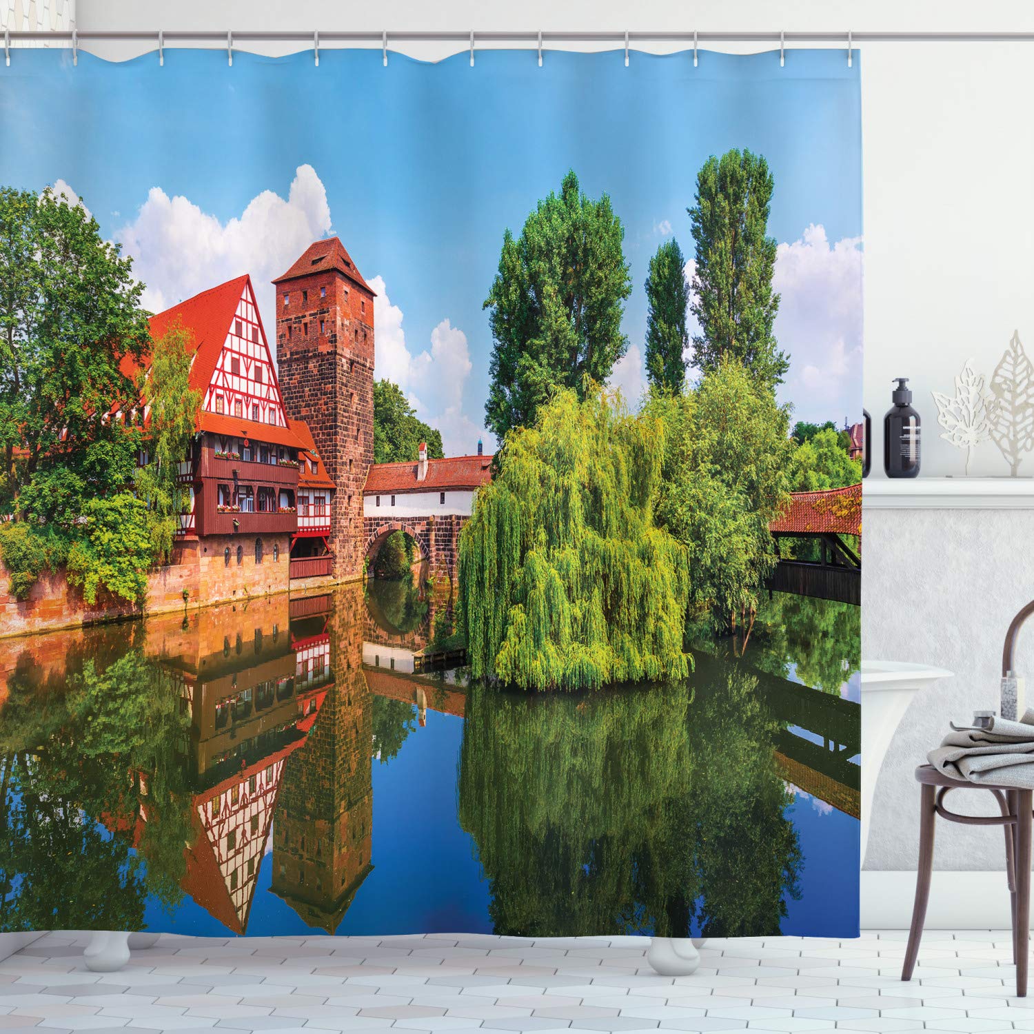 ABAKUHAUS Landscape Shower Curtain, Scenic Summer German Traditional Medieval Half-Timbered Bridge River Town, Cloth Fabric Bathroom Decor Set with Hooks, 78 Inches, Orange Blue Green