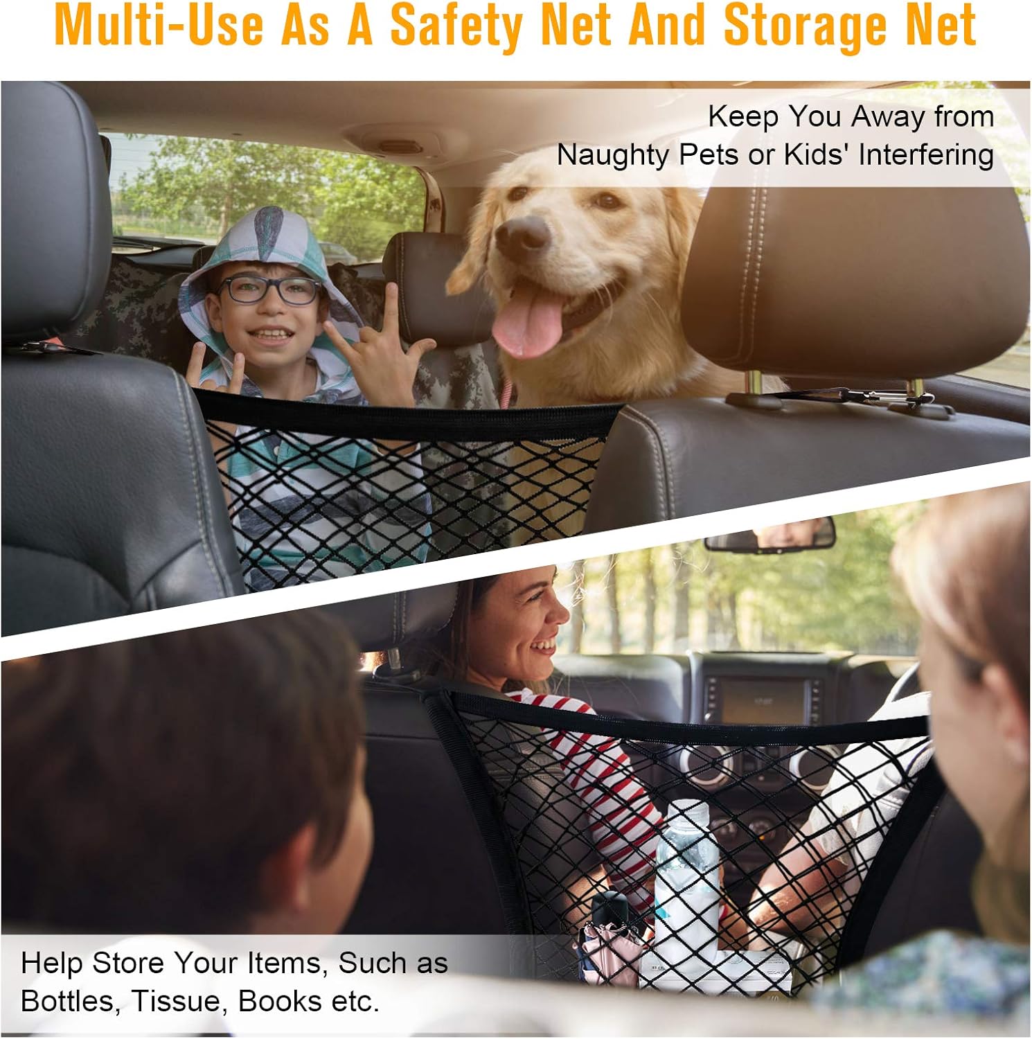 rabbitgoo Dog Car Net Barrier, 13.98" × 15.55", Metal Hooks & Stretchable Mesh Obstacle, Back Seat Net Organizer, Design for Pet Disturb Stopper & Storage Pouch, Drive Safely with Children & Pets : Pet Supplies