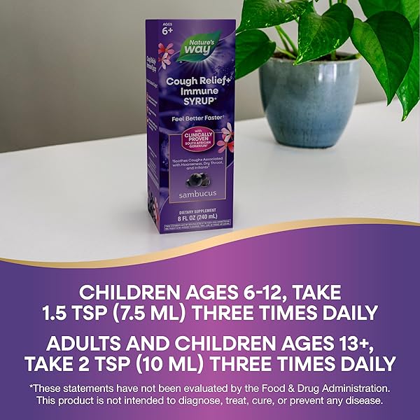 NATURE’S WAY SAMBUCUS COUGH RELIEF +(1) IMMUNE SYRUP*, FEEL BETTER FASTER(1), CLINICALLY PROVEN SOUTH AFRICAN GERANIUM, WITH ELDERBERRY EXTRACT, VITAMIN C & ZINC, 8 OZ (PACKAGING MAY VARY)