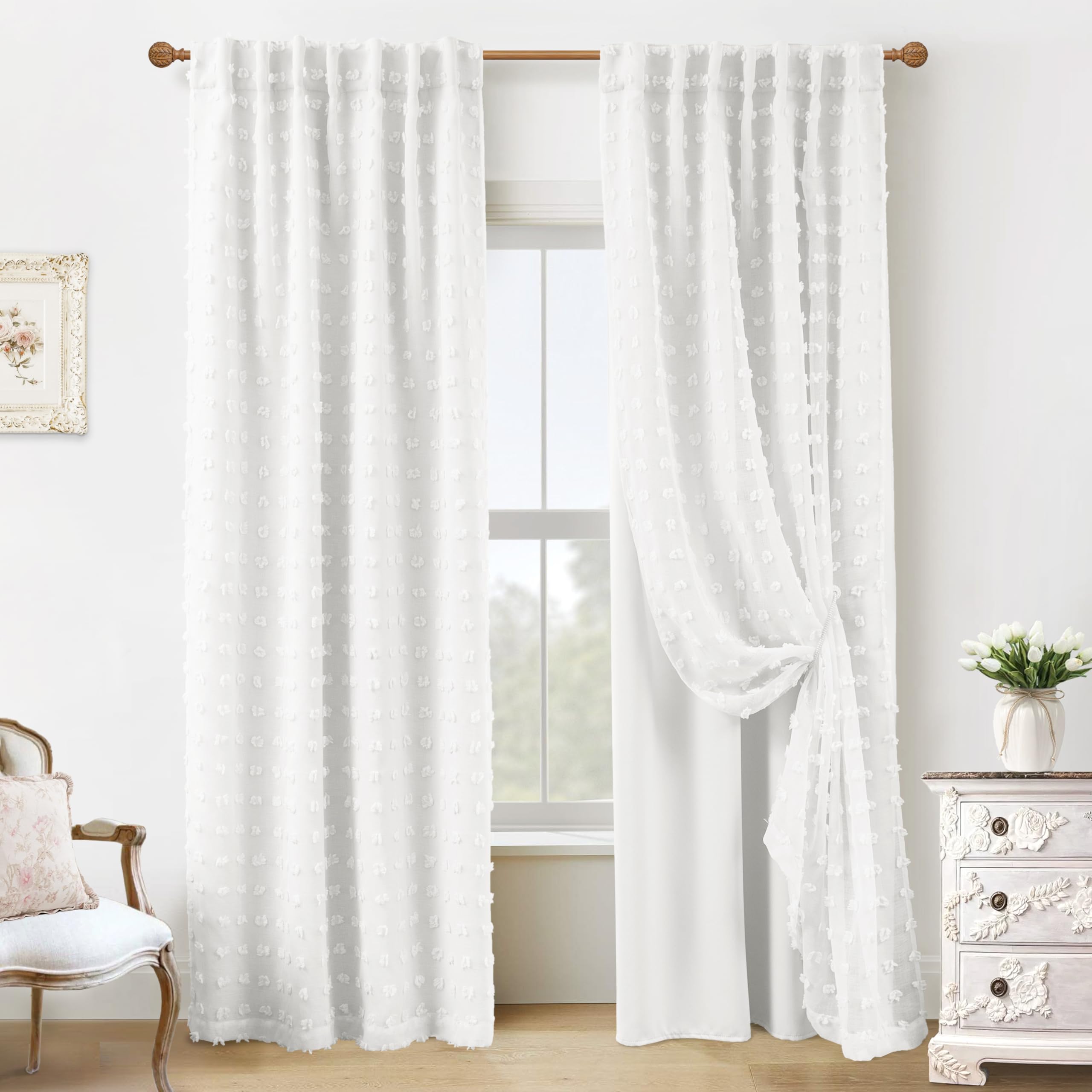 Photo 1 of Closet Curtain for Open Closet,Sheer Overlay White Boho Flowy Floor to Ceiling Curtains for Living Room Bedroom 96 Inches Long