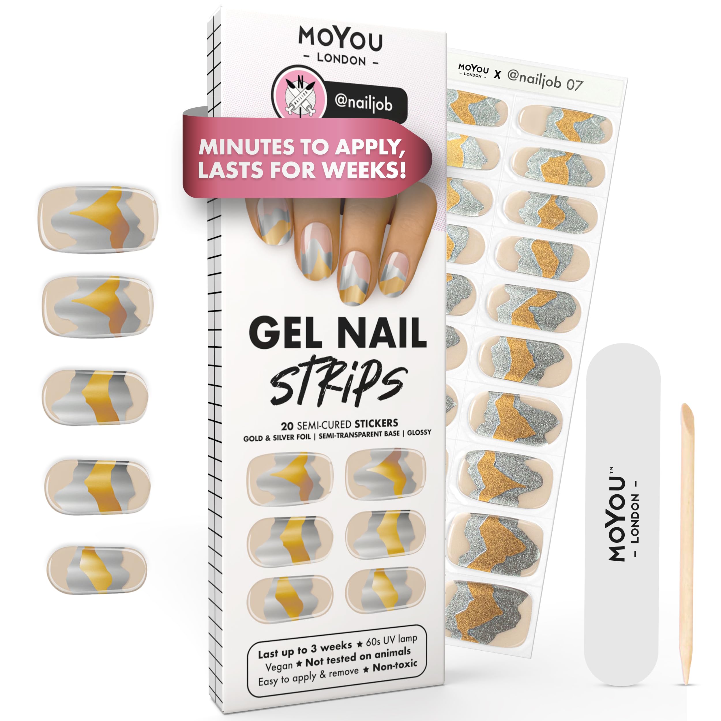 MOYOU LONDON Semi Cured Gel Nail Strips - 20 Pcs. Waterproof Gel Nail Wraps, Cures in Sunlight or UV/LED Lamp, Lasts Up to 2+ Weeks, Stretchable, Easy to Apply & Remove, Vegan & Cruelty-Free
