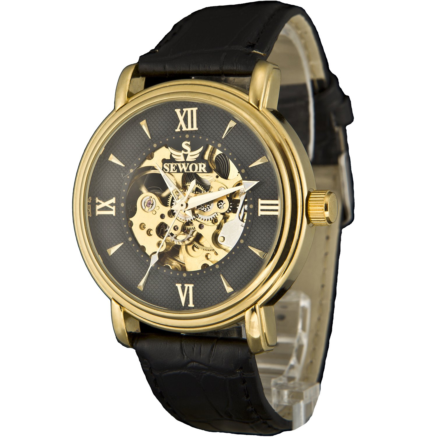 Sewor Men\'s Dress Mechanical Hand Wind Gold Movement Leather Wrist Watch (Brown Gift Box) (Gold Silver)