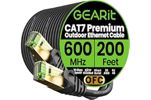 GearIT Cat7 Outdoor Ethernet Cable (200 Feet), SFTP Shielded Foil Twisted Pair, Waterproof - Black/Red, 200 Ft