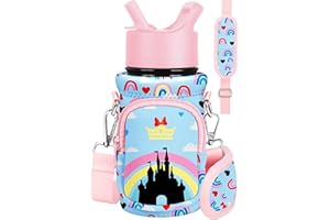 Miss Adola Water Bottle Carrier with Strap Cartoon Water Bottle Bags Holder for Kids Boys Girls Cute Neoprene Insulated Bottle Bag for 10/12/14/16/18Oz Stainless Steel Glass Bottles Sleeve, Castle