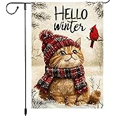 12x18 Inch Double-Sided Burlap Garden Flag Winter Decor with Cute Cat and Cardinal Print for Front Porch Yard Outdoor Christmas Holiday Decoration