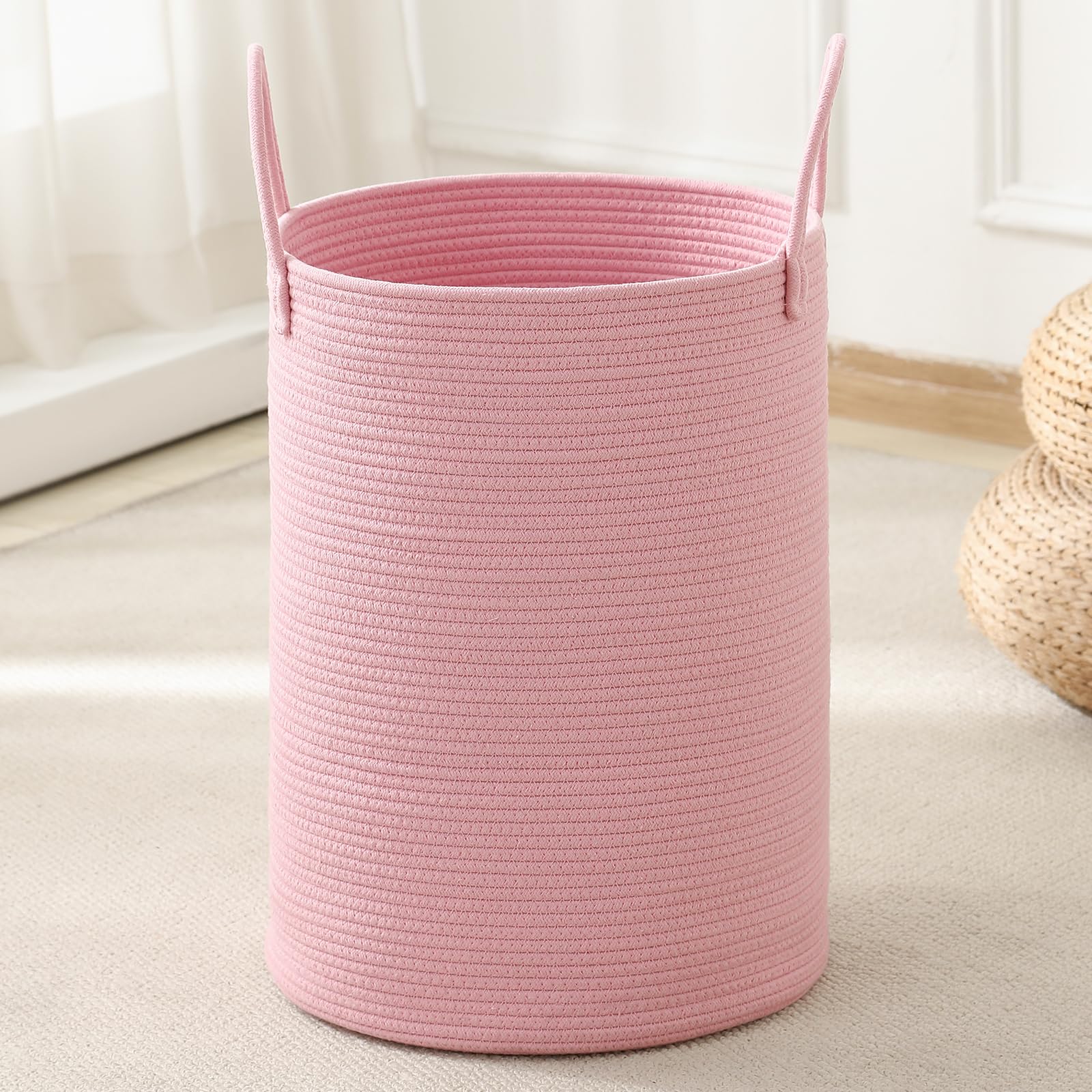 Photo 1 of * SIMILAR ITEM, BUT NOT THE SAME SHAPE OR MATERIALS, IS PINK THOUGH * Laundry Basket Hamper Tall Rope Storage Woven for Blanket toys Dirty Clothes in Living Room Bathroom Bedroom (Pink, 60L/15.8Gal)