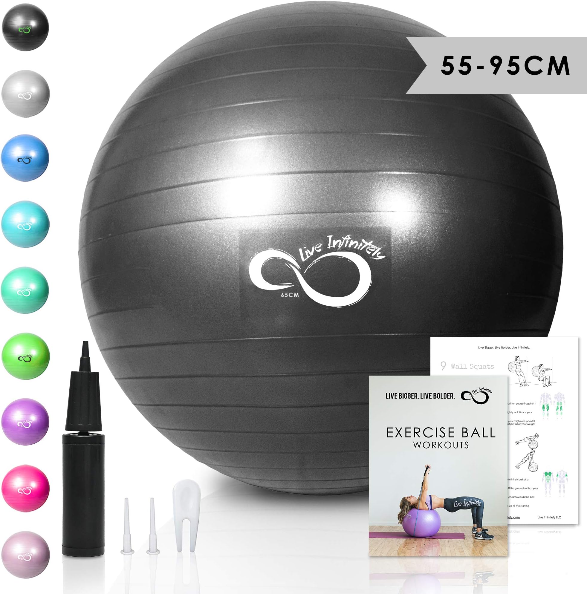 Live Infinitely Exercise Ball (55cm-95cm) Extra Thick Professional Grade Balance & Stability Ball- Anti Burst Tested Supports 2200lbs- Includes Hand Pump & Workout Guide Access